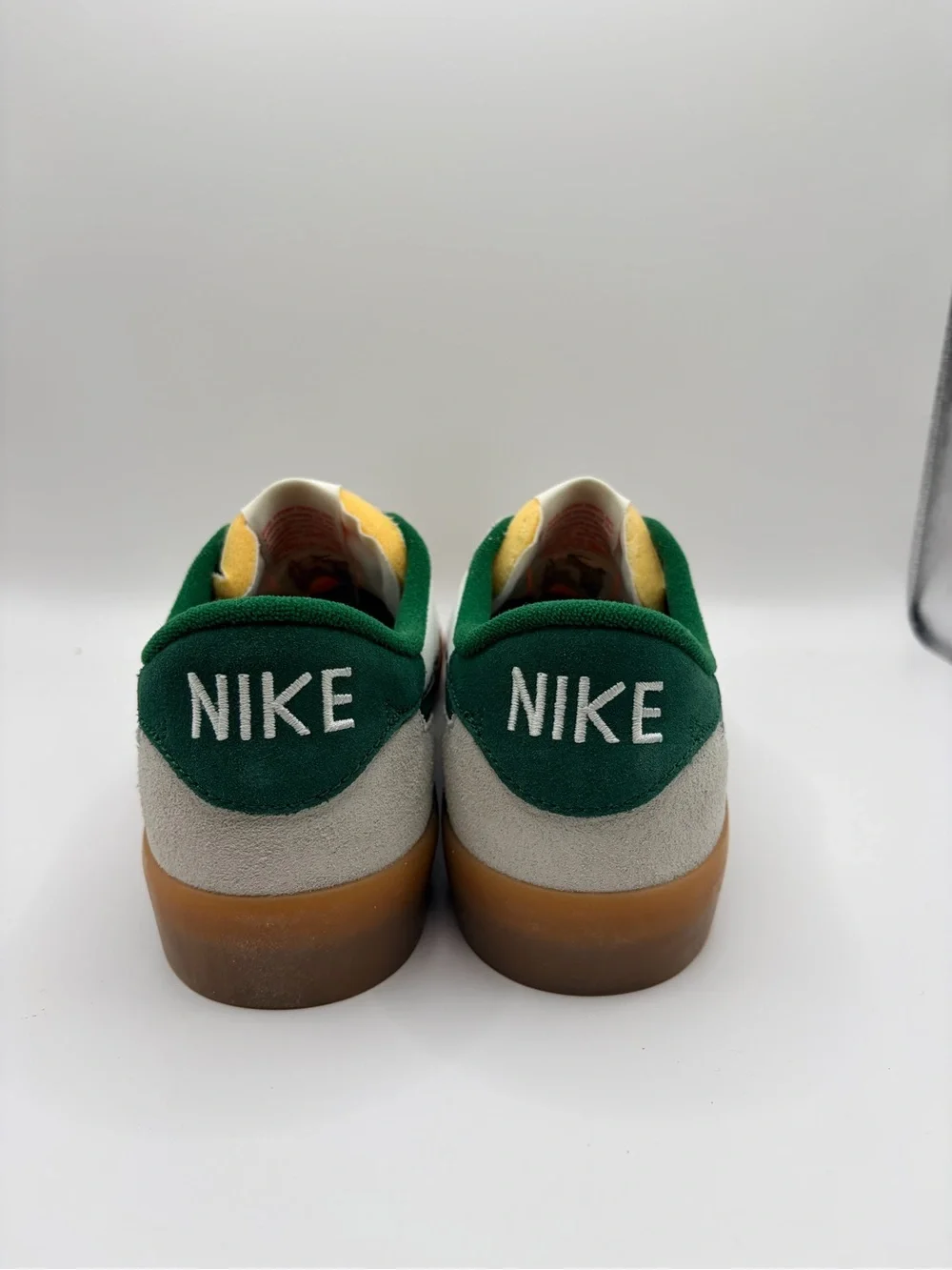 Nike Men’s White Suede Sneakers with Green Swoosh and Gum Sole
